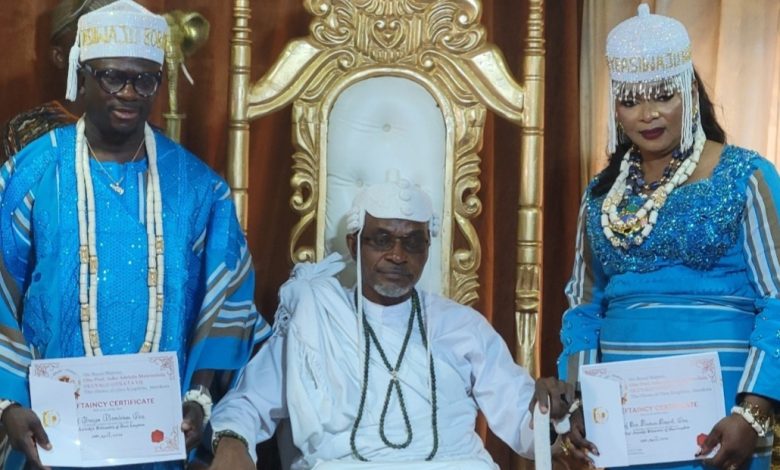 Olowu Installs UK-Based Businessman Gbenga Oso, Wife as Owu Chiefs